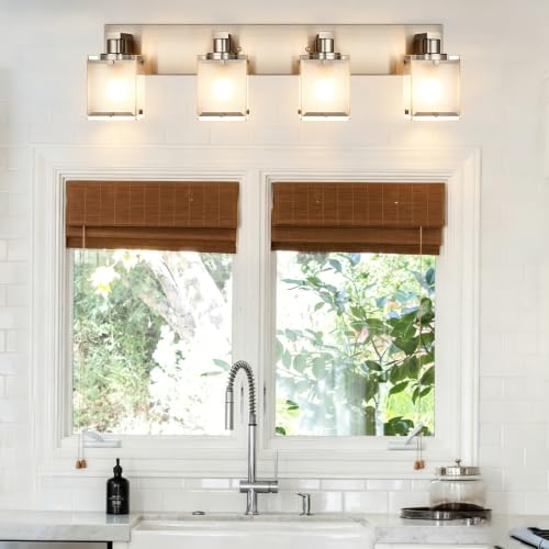 Image of 4 -Lights Bathroom Light Fixtures Over Mirror, Brushed Nickel Vanity Lighting Fixture with Rectangular Frosted Glass Shade, Wall Sconce Lighting for Kitchen Living Room Bedroom Hallway