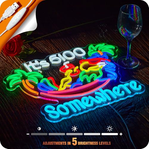 Image of Its 5 00 O'clock Somewhere Neon Sign Parrot Palm Tree Hammock It's Five Oclock Some Where Bar Beer LED Light Man Cave USB Powered Dimmable LED Sign (Pink)