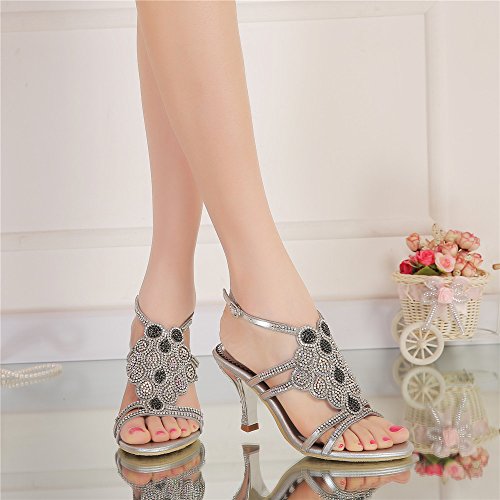 Unicrystal Women's Leaf Pattern Spool Heel Rhinestone Evening Bridal Wedding Prom Sandals Size Silver 5 M Us #TOP5