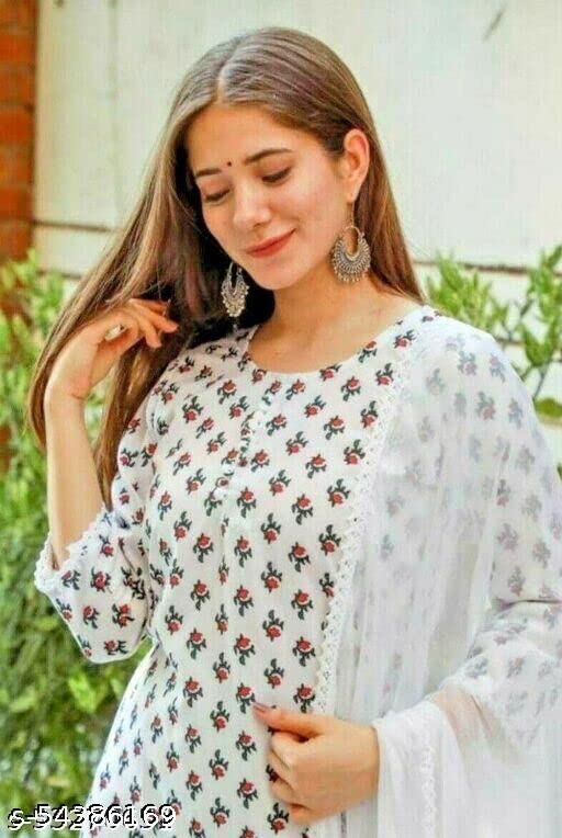 Image of GoSriKi Women's Pure Cotton Straight Printed Kurta, Palazzos & Dupatta (JANHVI-WHITE-02 GO)