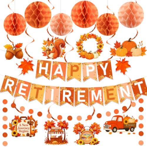 Image of YTHETM Fall Retirement Party Decorations for Men Women Happy Retirement Banner Honeycomb Balls Hanging Swirl Circle Dots Garland Fall Retirement Party Supplies