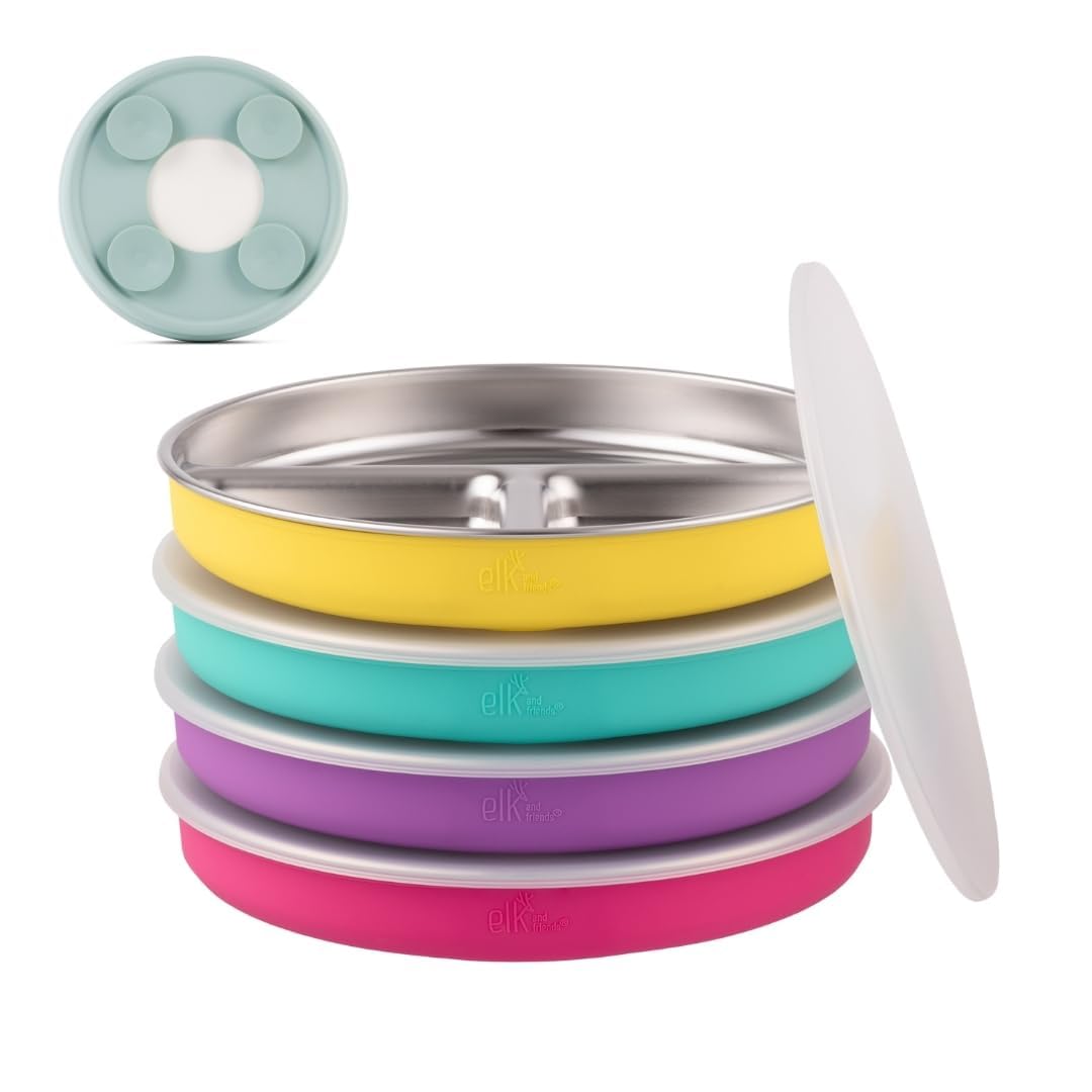 Elk and FriendsStainless Steel Divided Plates with Silicone Sleeve for Babies & Toddlers | Lids Included | Stay Put Suction | Dinner & Snack Plates | 4 Pack