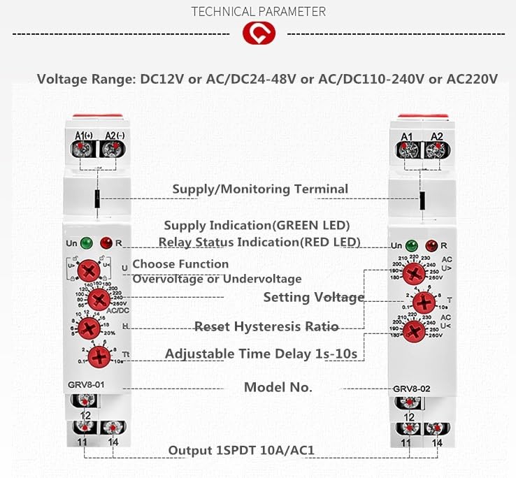 Voltage Relay Adjustable Over Voltage Under Voltage Relay AC 110V 240V DC12V Voltage Regulator 1Pcs(GRV8-02,ACDC110-240V)