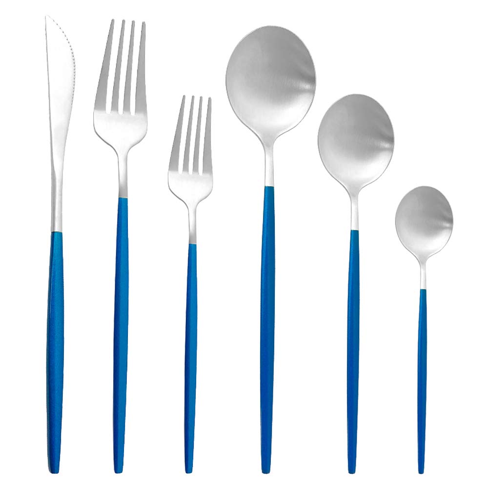 Uniturcky 18/10 Blue Hand Silver Spoon Silverware Set 304 Stainless Steel Flatware Cutlery Set 36-Piece Adaline Royal Modern Satin Finish Wedding Gift