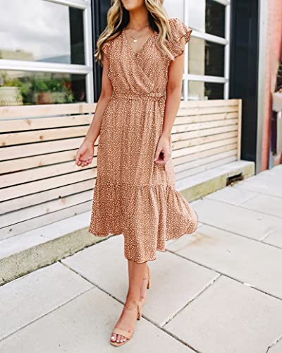 Image of BTFBM Women Summer Bohemian Floral Casual Wrap V Neck Ruffle Cap Sleeveless Belt A-Line Pleated Hem Midi Sun Dress White