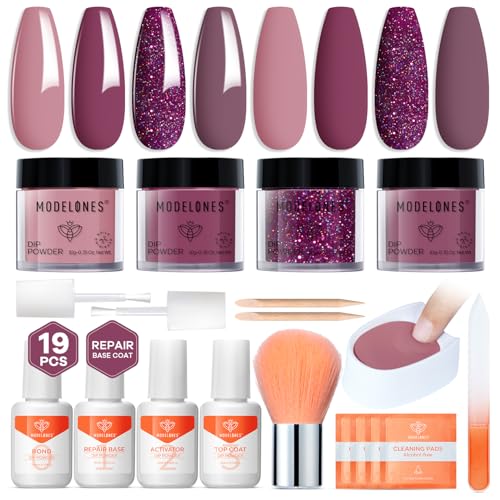 Modelones Dip Powder Nail Kit, Pink Purple 4 Colors Nail Dip Powder Kit Starter Set For Beginners With Dipping Powder Liquid Set cover