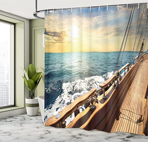 ABAKUHAUS Nautical Shower Curtain, Sailboat in Mediterranean Waves at Sunset Sky Relax Yacht Wind Relax Scenery - Image 4