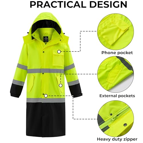 wantdo Hi Vis Rain Jacket Long Reflective Raincoat Waterproof with Carry Bag4