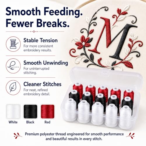Image of Simthread 15-Color Polyester Machine Embroidery Thread Set, 5W 5B 5R | 15 coordinated 1000M polyester spools for machine embroidery, quilting, patches, monograms and everyday sewing.