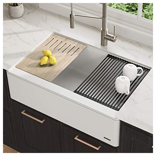 Kraus KGF1-33White Bellucci 33-inch CeramTek Granite Quartz Composite Farmhouse Flat Apron Front Single Bowl Kitchen Sink with Cutting Board, 33 Inch, White