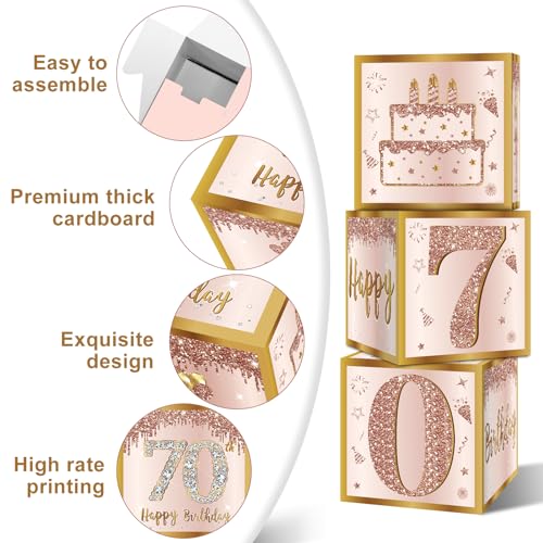 Image of Guiruiy 3Pcs 70th Birthday Decorations Boxes for Women, Pink Rose Gold 70th Birthday Balloons Boxes Party Supplies, Pink Seventy Year Old Bday Theme Cardboard Box Decor