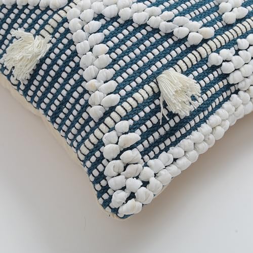 Image of TIB Premium Boho Decorative Throw Cushion Covers, 16 x 16 cm, Set of 2, Cotton. (White & Blue Cross)-230 TC