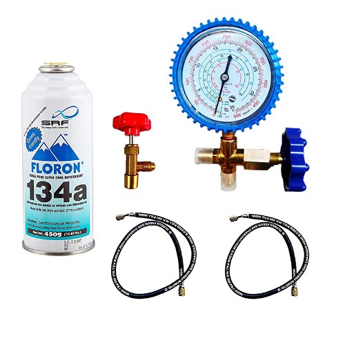 Image of R-134 Gas Can Combo Set for Refrigerator Car Comes with (1 Gas CANS) 1 Valve | 2 Hose Pipes | 1 Single Gauge Manifold
