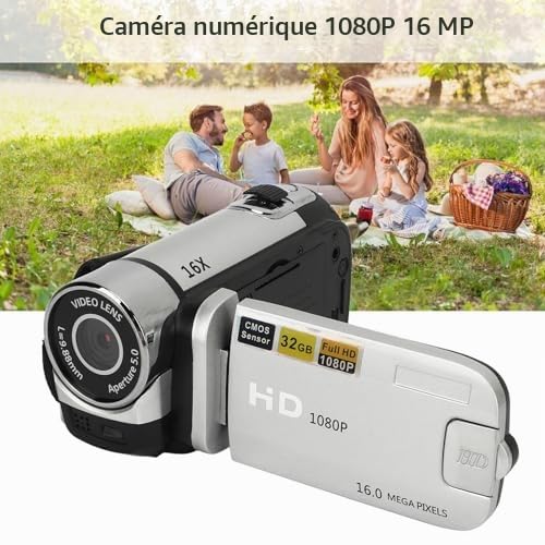 Enregistreur D'appareil Photo Numérique, Caméscope Vidéo Full HD 1080P 16MP, Caméra de Vlogging avec écran Rotatif de 2,4 Pouces, Zoom 16X, Lumière de Remplissage, Silver