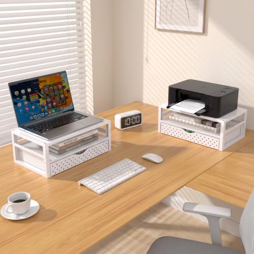 Image of WALI Desk Organizer with Drawer，Computer Monitor Stand with Storage, Desk Organizers and Accessories for Computer, Printer, Laptop Riser for Home Office Supplies, (PTT005-W), 1 Pack, White