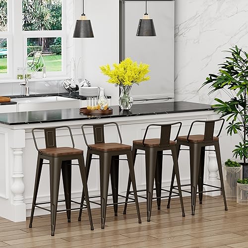 Image of Yongchuang 26 inch Bar Stools Set of 4 Industrial Kitchen Counter Height Barstools with Wood Seat Metal Low Back Bar Chairs Gunmetal