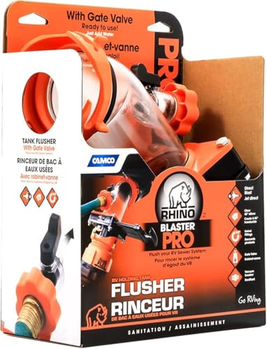 Camco Rhino Blaster Pro RV Holding Tank Flusher with Gate Valve Orange and Black Professional Grade Sewer System Cleaner AquaMax 64 FL OZ Bottle (39085-27185) Including 3 Rigid Hitch Decal Logo
