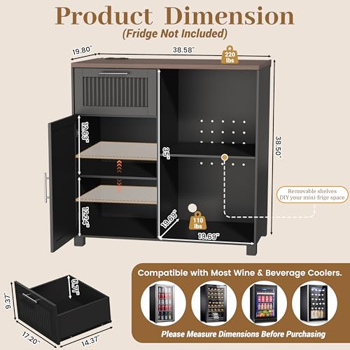 Image of 38.6 inch Long Fluted Mini Fridge Cabinet with Power Outlet & Drawer, Black