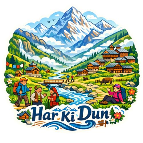 Hello Miniworld Har Ki Dun Fridge Magnet – Sparkle Effect Print with Matte Lamination - 6mm MDF Backing & Round Magnet - River, Peaks & Trekking Souvenir from India