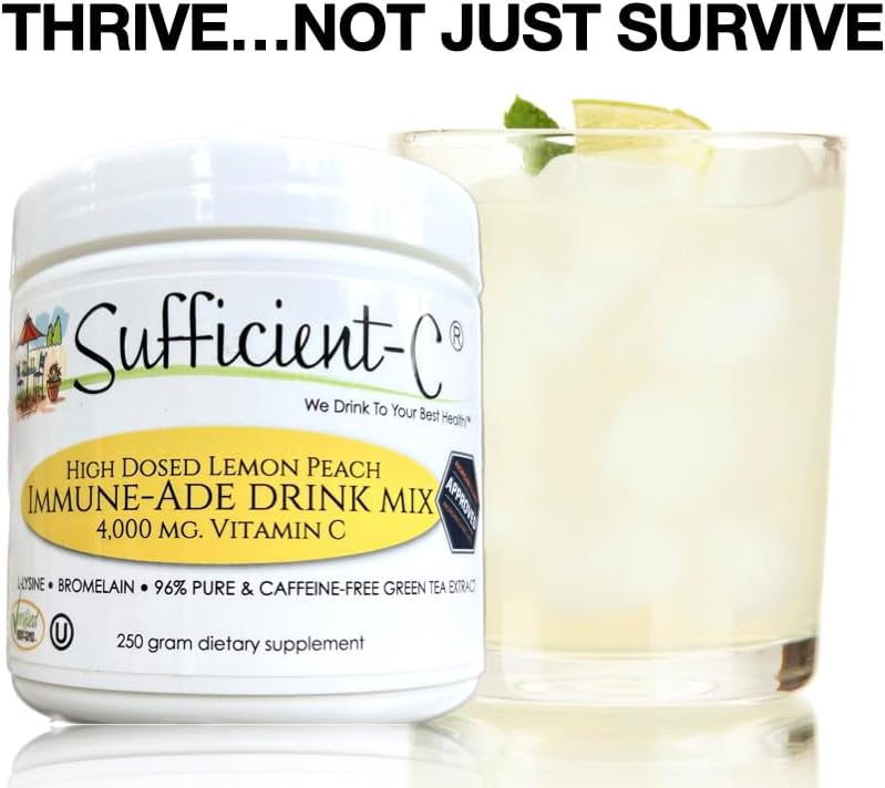 Sufficient-C High-Dosed 4000 mg. Vitamin C Lemon Peach Immune-Ade Drink Mix 250 gram Size - Refreshing with Generously Dosed L-lysine, Bromelain & 96% Pure, Caffeine-Free Green Tea Extract - Image 4
