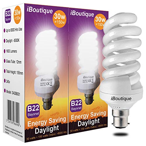iBoutique 30W Bayonet B22 Daylight Energy Saving Light Bulb Equivalent Output 150 Watts 2 Pack for SAD Sufferers Snooker Pool Hobbies Crafts Photography 30 W