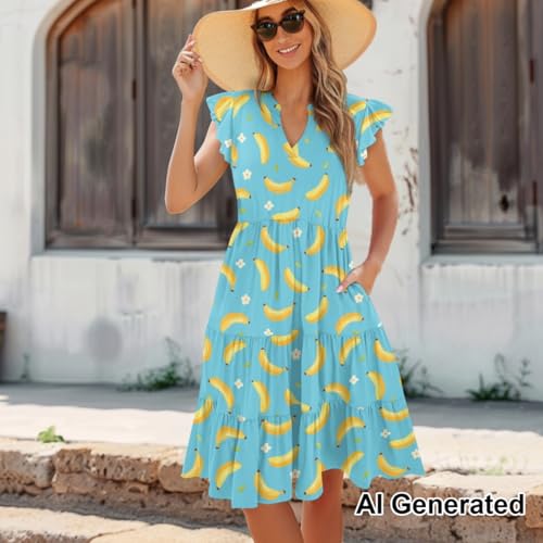 Image of Women's Casual Ruffle Sleeve Dress V Neck Pullover Dress Flowy A-Line Pleated Lightweight Dress with Pockets