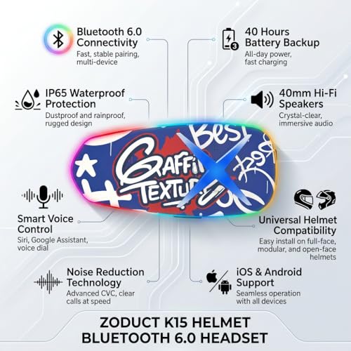 Image of K15 Helmet Bluetooth 6.0 Headset | 40H Battery Life | IP65 Waterproof | 40mm Speaker | Voice Control | Wireless Helmet Headphone for Bike Motorcycle Riding
