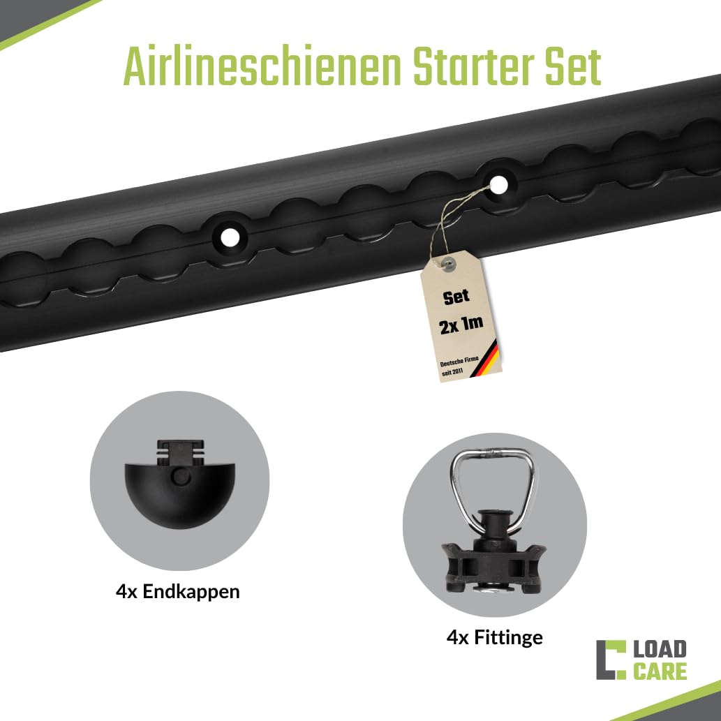 Airlineschienen Starter Set – 2 eloxierte Airlineschienen (1 m, halbrund, gebohrt alle 10 cm) inkl. 4 Endkappen, 4 Schwarze Fittinge (Schwarz eloxiert, Schwarz)