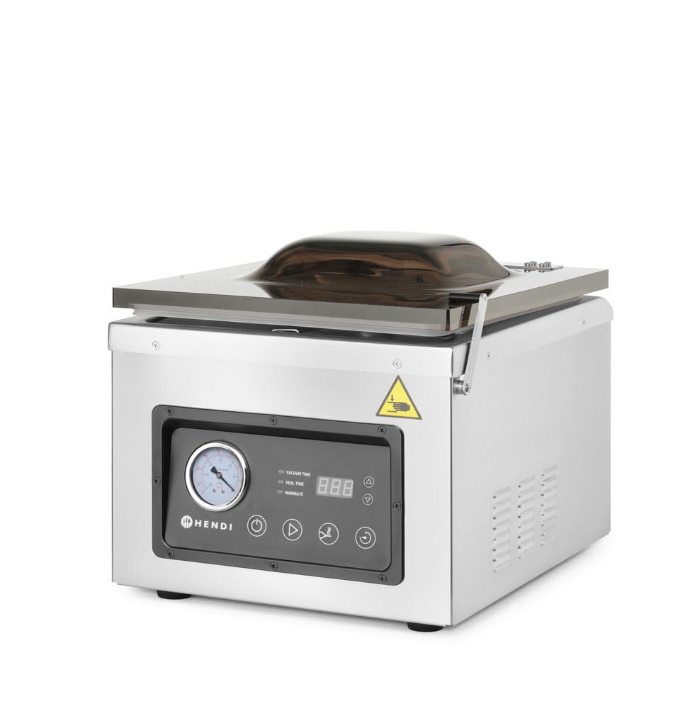 HENDI Macchina Sottovuoto a Campana, Tempo di Vuoto 5–90 s, Funzione Marinatura, Barra di saldatura 300x5mm, Pompa a Olio 133,3 l/min, 230V/950W, 359x425x(H)366mm, Inox