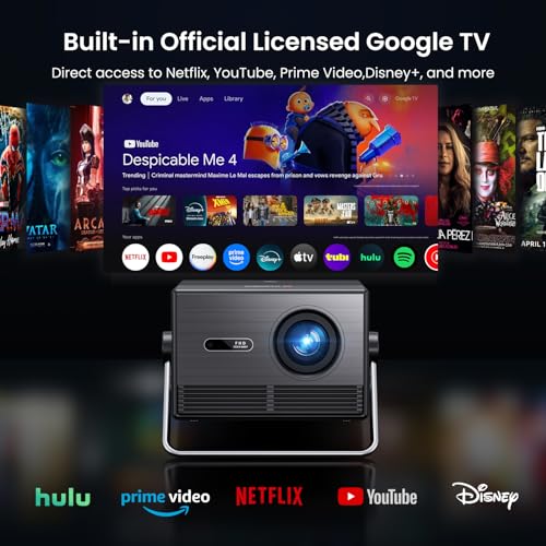 Image of 2000 ANSI Official Licensed Google TV Outdoor Projector 4K Full HD, Smart Projector with Wifi and Bluetooth, Auto Focus, Dolby Sound,Built-in Apps,HAPPRUN Indoor Home Theater for Phone /TV Stick /PC /PS5