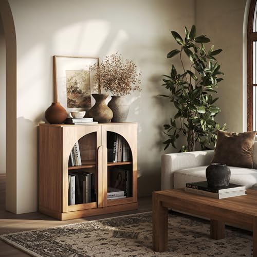 Image of BELLEZE Bijou 31.5 inch Modular Sideboard Cabinet - Expandable Design with Arched Glass Doors - Use Solo or Combine for Buffet, Living Room Media Center & Entryway - 70lbs Capacity, Camel
