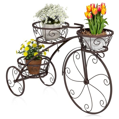 DREAMADE 3-tier Bicycle Planter, Vintage Tricycle Plant Display Cart w/ Openwork Baskets & Fixed Wheels, European-Inspired Metal Decorative Plant Stand for Gardens, Patios, Balconies (Bronze)