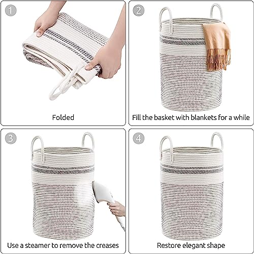 Image of Woven Rope Laundry Hamper Basket, Baby Nursery Hamper For Blanket Storage, Clothes Hamper For Laundry In Bedroom,Hall ( Tall (58L) (15 inchX15 inchX20 inch),(Stripe White))