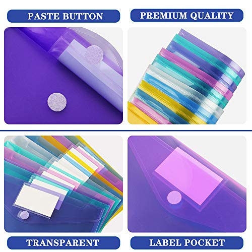 11 Pack Plastic Poly Filing Envelopes, Clear Document Folders US Letter A4 Size File Envelopes with Label Pocket & Paste Button for School Home Work Office Organization, 6 Assorted image 6