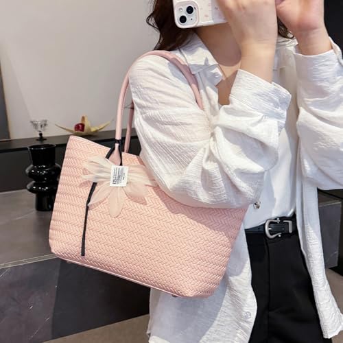 Women Casual Woven Tote Handbag with Pendant PU Leather Work Shoulder Bag (Pink)2