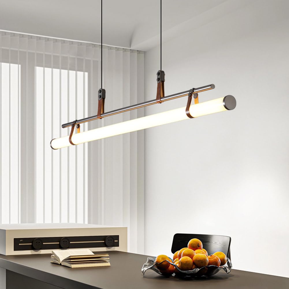 Lámpara Colgante LED de 32 W Regulable para Oficina, Comedor y Sala de Estar - Diseño Lineal Moderno de Cuero para Estudio y Cocina (Negro, L80cm)