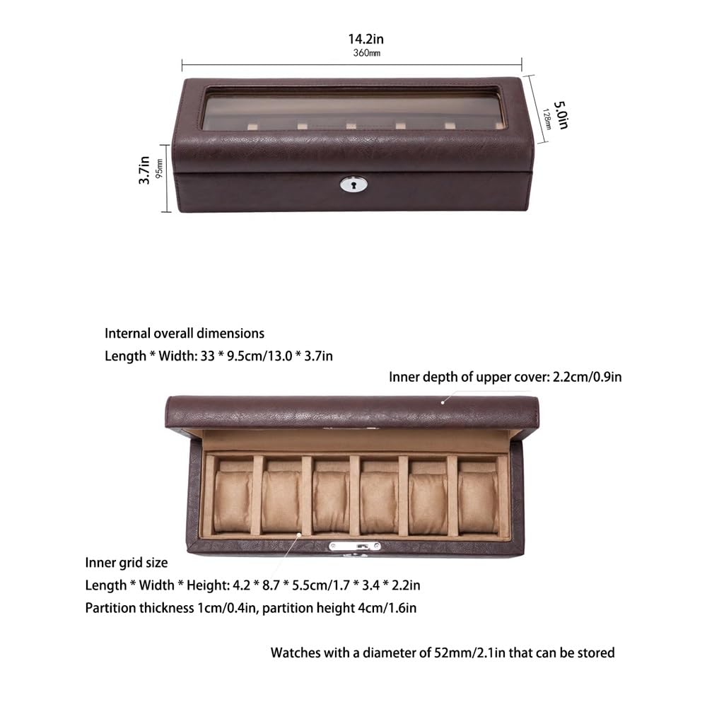 Caja de reloj para hombre, caja de reloj de 6 ranuras, organizador de relojes para hombre, caja de exhibición de relojes con tapa de cristal, 6 ranuras