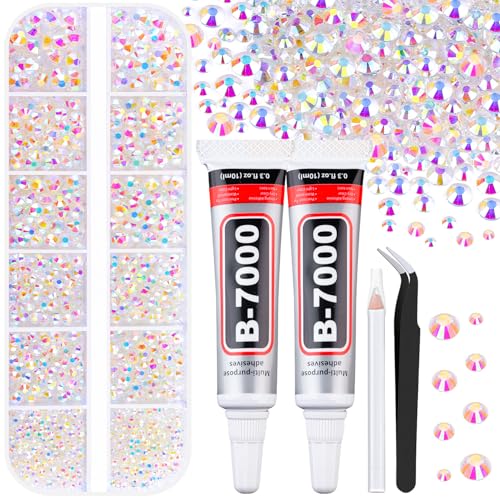 Image of 6100Pcs Jelly Resin Rhinestones for Crafting with 2Pcs 10ml B7000 Jewelry Glue, 1 Box Flatback Crystals Diamond (Transparent AB) for Bedazzling Crafts DIY Nail Art Non Hotfix Gems for Clothing Shoes