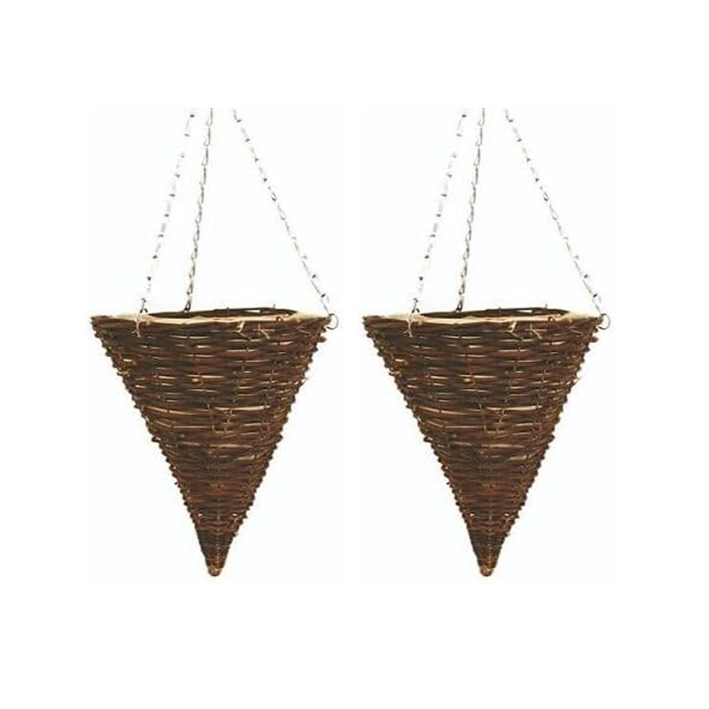 Wicker Basket Planters – Natural Rattan Willow Hanging Flower Pots with Polythene Liner & Metal Chain – Large Decorative Cone Shaped Hanging Planters for Indoor & Outdoor (Cone 36cm, 14Inch x 2Pack)