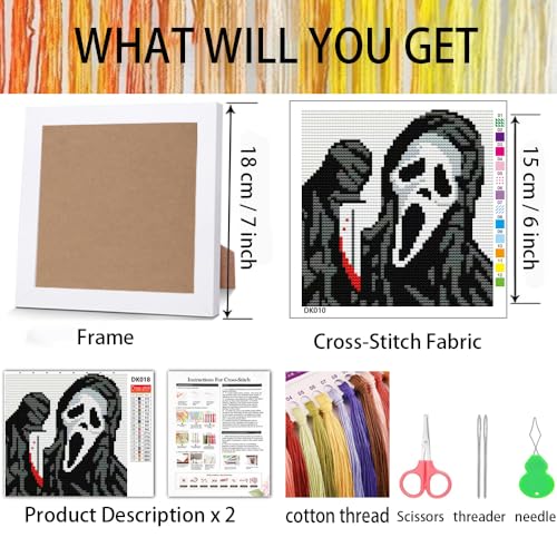 Image of Tiwabb Horror Cross Stitch Kits for Adults Beginners,Ghost Stamped Cross Stitch Kits with Framed,Embroidery Kit for Beginners,Halloween Partial 11CT Cross-Stitch Arts and Crafts for Adults 7x7inch