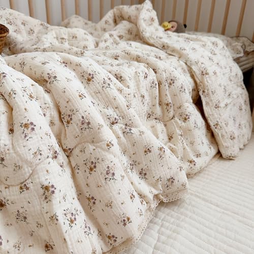 Image of BuLuTu Muslin Baby Quilt for Girls Boys Quilted Blanket 2 Layers Gauze Cotton Baby Blanket Nursery Bed Blanket Shower Gift for Toddler Newborn, Crapemyrtle Pattern, 47 inchx59 inch