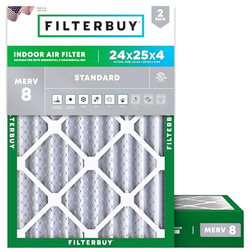 Filterbuy 24x25x4 Air Filter MERV 8 Essential Dust & Allergy Defense (2-Pack) Electrostatic Pleated HVAC AC Furnace Filters Replacement (Actual Size: 23.75 x 24.75 x 3.63)
