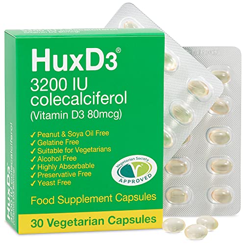 Hux D3 Vitamin 3200iu Huxley Europe Vegetarian Capsules Suitable for Kosher and Halal Diets 30 Count (Pack of 1)
