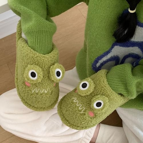 Unisex Adult Funny Face Slipper Novelty Cute Plush Furry Slippers Gift for Women Men Anti Slip Soft House Shoe(38-39, Green)2