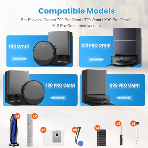 Image of 21 Pcs Replacement Parts Compatible with ECOVACS DEEBOT T90 PRO Omni /T90 Omni /X9S PRO Omni /X12 PRO Omni Robot Vacuum, include 1 Main Brush, 6 Dust Bag, 4 Filter, 2 Roller Mop, 6 Side Brush, 2 Tools