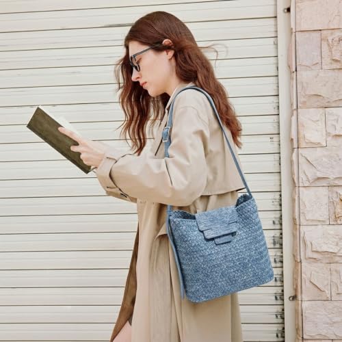 Image of JINMANXUE Woven Tote Bag For Women,Travel Shoulder Bag, Large Hollow Beach Soft Satin Handbags Hand-woven Satchel Clutch