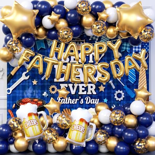 Image of Happy Father's Day Balloon Garland Arch Set 100Pcs with Star, Fathers Day Decorations for Best Father Ever Decorations Father's Day Party Fathers Birthday Party Photo Booth Backdrop Decor