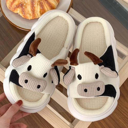 HANDKEI Cartoon Cow Slippers Thick Sole Comfortable Linen Slippers Women's Indoor and Outdoor Anti slip Home Slippers2