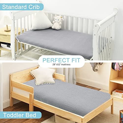 Image of Muslin Crib Sheets,100% Organic Cotton Toddler Bed Sheet Soft Breathable, Fitted 52 inchx 28 inchx 9 inchBaby Cribs Mattress for Girl & Boy, Grey