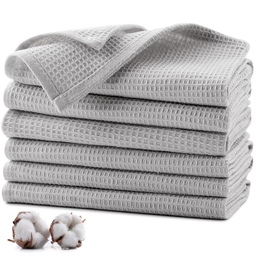 Jogoico Paños de Cocina 100% Algodón, 6 Unidades Toallas de Cocina 35x35 cm, Trapos de Cocina Ultra Suaves y Altamente absorbentes para Secar los Platos-Gris Claro